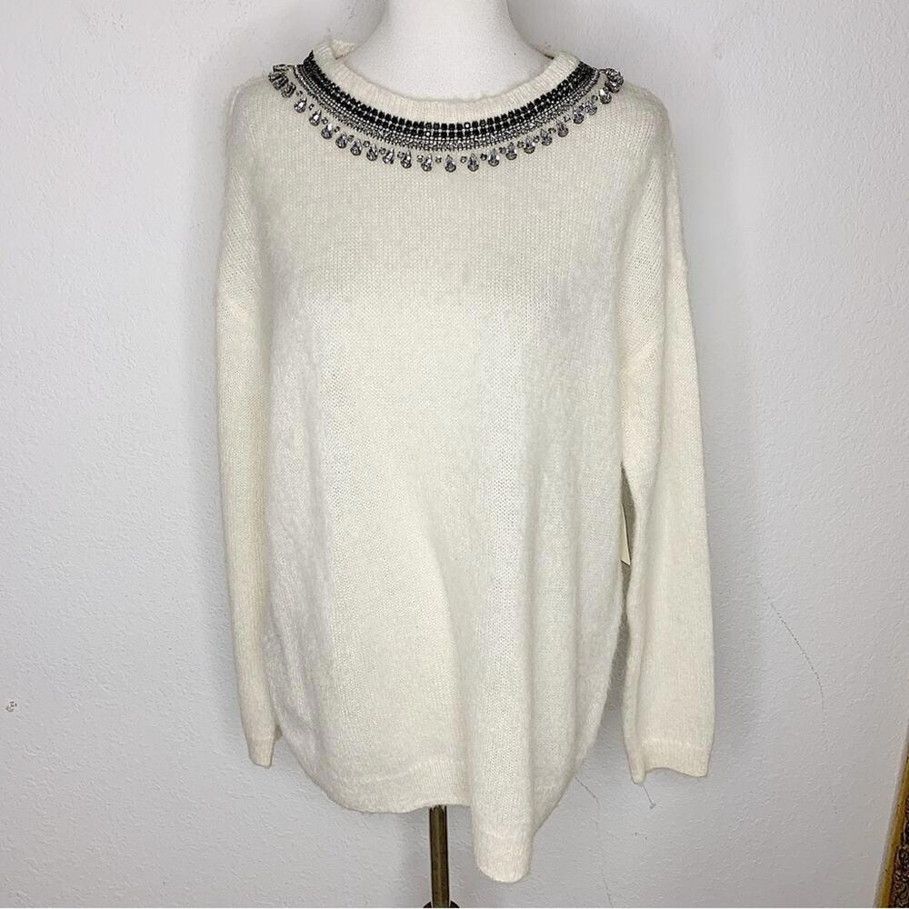 NWT Hinge Wool Blend Ivory Crewneck Knit Sweater with Self Tie Neck Size S
